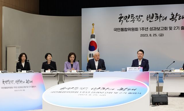 김한길 국민통합위원장이 25일 서울 용산 대통령실 청사에서 윤석열 대통령이 참석한 가운데 열린 국민통합위원회 1주년 성과보고회 및 2기 출범식에서 인사말을 하고 있다. [사진=연합뉴스]