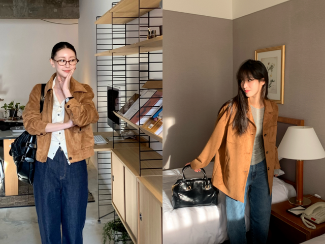 LF의 영 컨템포러리 여성복 브랜드 앳코너가 선보인 스웨이드 크롭 봄버 자켓 카멜(왼쪽)과 스웨이드 하프 자켓 카멜. [사진=LF]