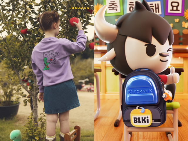 네파키즈가 ‘조구만(JOGUMAN)’ 캐릭터와 협업한 가을 화보(왼쪽)와 블랙야크 키즈가 자체 개발한 캐릭터 블키. [사진=각 사]