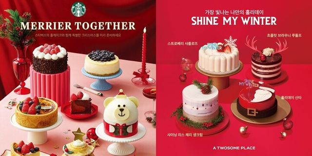 스타벅스 크리스마스 케이크(좌측), 투썸플레이스 ‘2024 홀리데이 시즌 케이크’ 1차 제품. [사진=각 사]