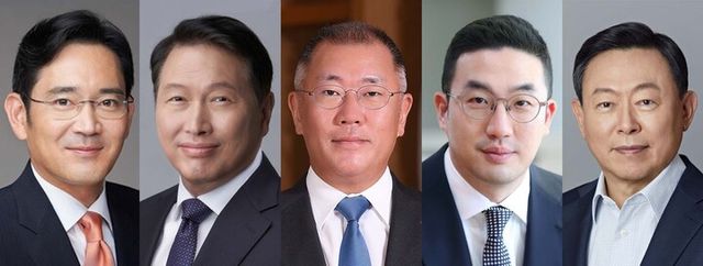 이재용 삼성그룹 회장·최태원 SK그룹 회장·정의선 현대자동차그룹 회장·구광모 LG그룹 회장·신동빈 롯데그룹 회장. [사진=사진=삼성전자·SK그룹·현대차그룹·LG그룹·롯데그룹]