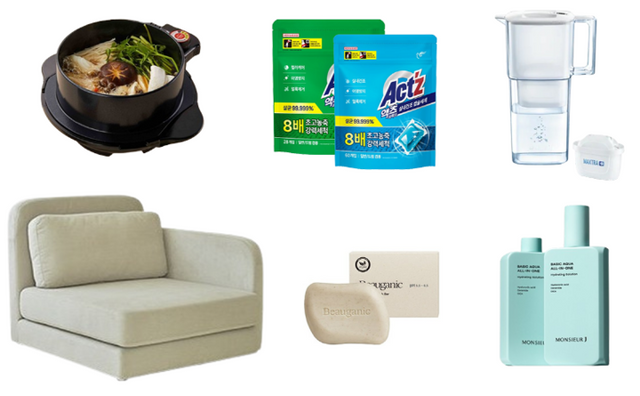 (좌측 상단부터 시계방향) 신일 '가마솥 멀티쿠커', 피죤 '액츠 퍼펙트 캡슐세제', 브리타 '리퀠리', 무슈제이 '베이직 아쿠아 올인원', 뷰가닉 '올인원 샴푸 앤 바스바', 레이디가구 '접이식 아쿠아텍스 소파베드 오트' 제품 이미지. [사진=각 사]