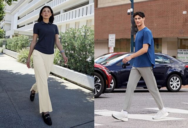 젝시믹스 '트리코트 핀턱 와이드 팬츠' 화보 이미지(왼쪽)와 맨즈 ‘컴포터블 필드팬츠’ 화보 이미지. [사진=브랜드엑스코퍼레이션]