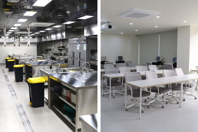 노랑통닭 ‘통합 교육장’ 실습 교육실(왼쪽)과 이론 교육실. [사진=노랑푸드]