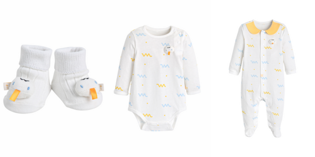 모이몰른 컬리 인형 신생아 양말(왼쪽), 컬리 밤부 싱글 바디 슈트(가운데), 컬리 밤부 신생아 우주복. [사진=한세엠케이]