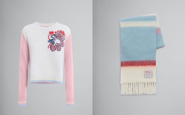 마르니 ‘화이트 울 점퍼 위드 자카드 스네이크’(왼쪽)와 ‘라이트 블루 스트라이프 알파카 모헤어 스카프’. [사진=마르니]