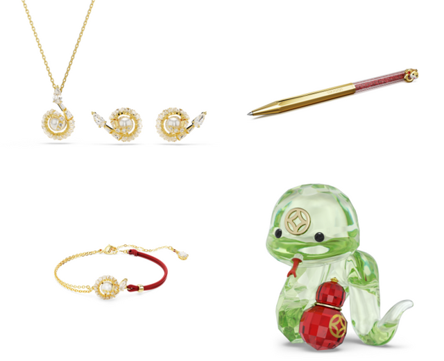 (왼쪽부터 시계방향) 스와로브스키 주얼리 컬렉션 ‘목걸이·귀걸이’, ‘크리스털 볼펜’, 주얼리 컬렉션 ‘팔찌’,&nbsp;‘홈 피겨린’.&nbsp;[사진=스와로브스키]