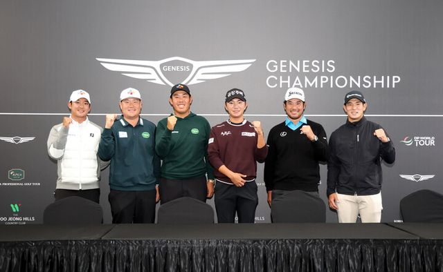 &nbsp;(왼쪽부터)&nbsp;최승빈,&nbsp;임성재,&nbsp;안병훈,&nbsp;옥태훈,&nbsp;마쓰야마&nbsp;히데키,&nbsp;나카지마&nbsp;케이타&nbsp;선수가&nbsp;기념&nbsp;촬영을&nbsp;하는&nbsp;모습. [사진=제네시스]