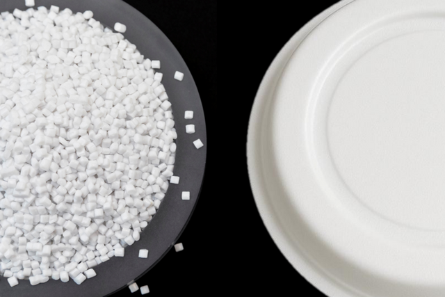 롯데케미칼 접착성 소재(왼쪽) 및 식품 포장용기(오른쪽). [사진=롯데케미칼]