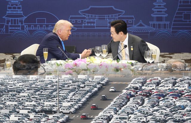 이재명 대통령과 도널드 트럼프 미국 대통령이 29일 경북 경주 힐튼호텔 그랜드볼룸에서 열린 이 대통령 주최 정상 특별만찬에서 악수하고 있다. 하단은 울산 현대차공장 모습. [사진=연합뉴스]