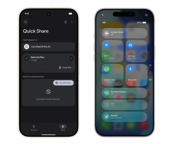 구글 '픽셀 10' 스마트폰에서 퀵 셰어와 에어드롭을 연동하는 화면을 보여주는 예시 이미지. [사진=구글]