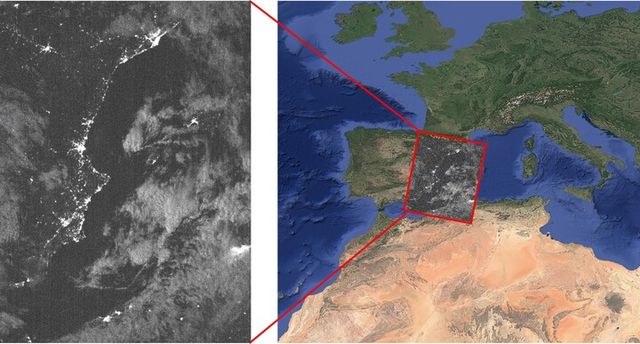 (왼쪽) ROKITS 보조 카메라로 촬영한 밤 영상. (오른쪽) 영상을 지도상 해당 지역(스페인 동남부)에 투영한 모습. [사진=우주항공청]