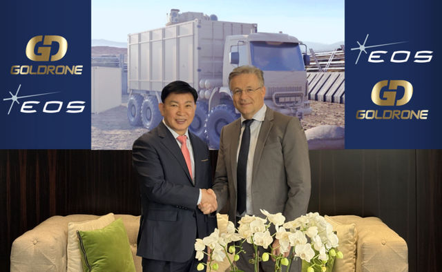 호주 방산기업인 EOS가 국내 드론 전문 기업인 골드론과 대드론용 100kW급 레이저 무기를 국내에서 공동생산하기로 했다고 15일 밝혔다(왼쪽 박남팔 골드론 회장, 오른쪽 안드레아스 슈워 EOS 최고경영자). [사진=EOS코리아]