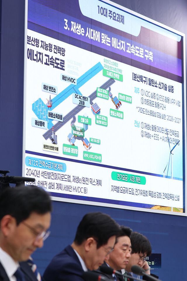 이재명 대통령이 17일 정부세종컨벤션센터에서 열린 기후부(기상청)·원안위 업무보고에서 에너지 고속도로 구축 관련 업무보고를 경청하고 있다.&nbsp;[사진=연합뉴스]