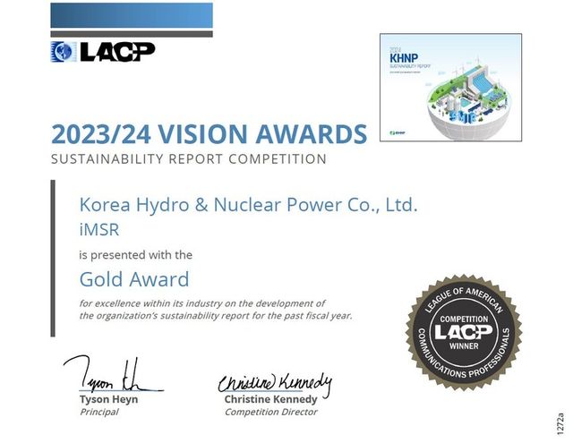 LACP 2023 24 Gold Awards 상장. [사진=한국수력원자력]