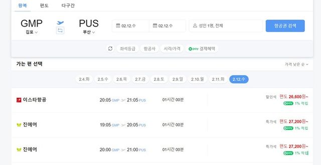 김포~부산 항공권 가격.