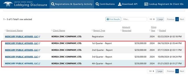 미국 로비활동공개사이트(LDA) 캡처. [사진=영풍]