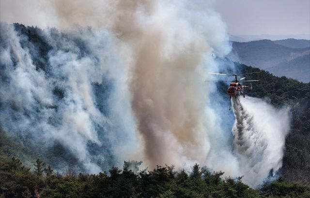 23일 의성군 산불 발화지점 인근 야산에서 산림청 헬기가 진화 작업을 하고 있다. [사진=연합뉴스]