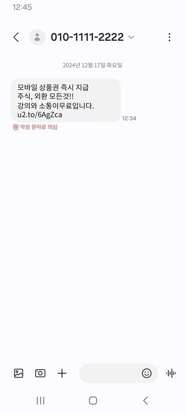 KT 악성문자 주의 알림 서비스 예시. [사진=KT]