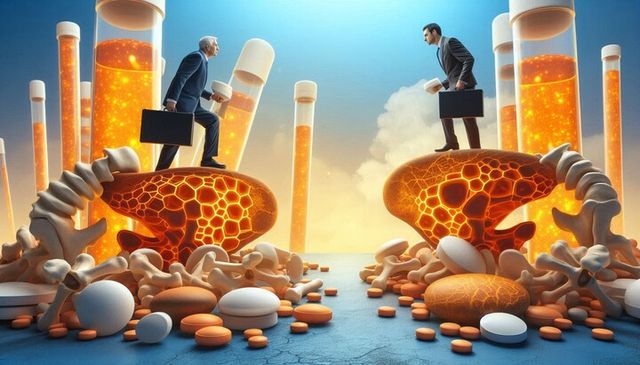 지난달 글로벌 빅파마 암젠에서 개발한 골다공증 치료제 프롤리아의 특허가 만료되면서 국내 바이오 기업들이 바이오시밀러 경쟁을 본격화했다. 셀트리온제약과 삼성바이오에피스는 각각 대웅제약·한미약품과 협력체계를 구축하며 시장에 출사표를 던졌다. [사진=생성형 AI 마이크로소프트 디자이너]