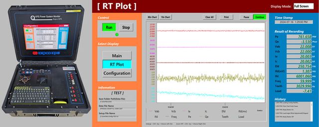 한전KPS가 자체 개발한 기술특성시험 특화장비 KPSM 실물(왼쪽) 및 계측화면(오른쪽).[사진=한전KPS]