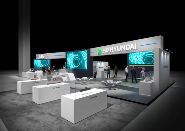 HD현대중공업이 현지시간 24일부터 27일까지 페루 리마에서 개최된 중남미 최대규모 방산전시회 SITDEF 2025에 참가해 꾸린 전시관의 조감도. [사진=HD현대중공업]