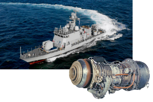 PKX-B 배치-1 사업으로 건조된 신형 고속정(PKMR) 참수리-211호정과 LM500 가스터빈. [사진=GE에어로스페이스]