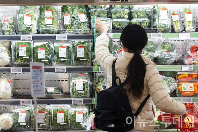 서울 중구 롯데마트 제타플렉스 서울역점에서 한 방문객이 진열된 채소를 고르고 있다. [사진=이뉴스투데이DB]