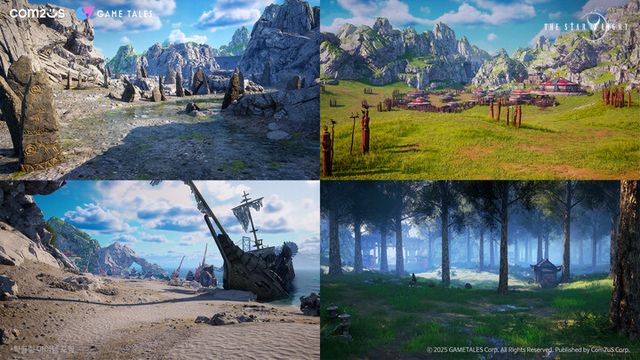 왼쪽 상단부터 시계방향으로 ‘동부 샌드강 유역’, ‘나르마족 정착지’, ‘소통의 숲’, ‘가려진 해안’ [사진=컴투스]