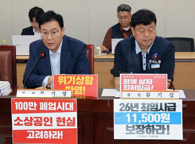 최저임금위원회 사용자위원인 류기정 한국경영자총협회 전무가 3일 정부세종청사에서 열린 최저임금위원회 제9차 전원회의에서 발언하고 있다. 오른쪽은 근로자위원인 류기섭 한국노총 사무총장. [사진=연합뉴스]