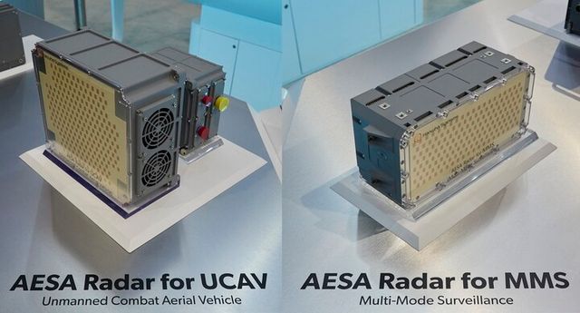 한화시스템이 공랭식 기술을 적용해 소형 경량화한 무인기용 AESA 레이더(사진 왼쪽)와 다목적용 AESA 레이더(사진 오른쪽). [사진=한화시스템]