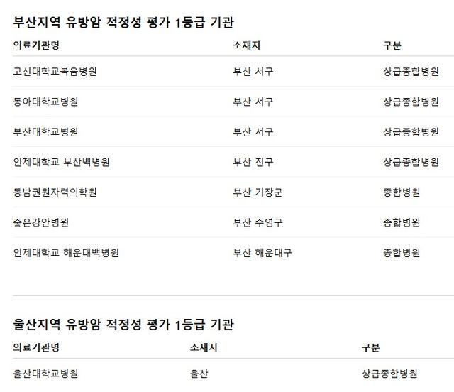 부산지역 유방암 직정성 평가 1등급 기관 리스트. [사진=동남권원자력의학원]