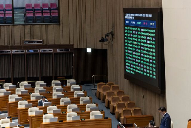 11일 국회 본회의에서 상정된 '더센 특검법(3대 특검법 개정안)' 중 내란특검법 개정안에 대한 수정안이 더불어민주당 김용민, 박주민 의원의 기권 속 통과되고 있다. [사진=연합뉴스]