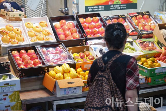 서울 송파구 가락농수산물도매시장 ‘가락몰’에서 한 고객이 진열된 과일을 바라보고 있다. [사진=이뉴스투데이DB]