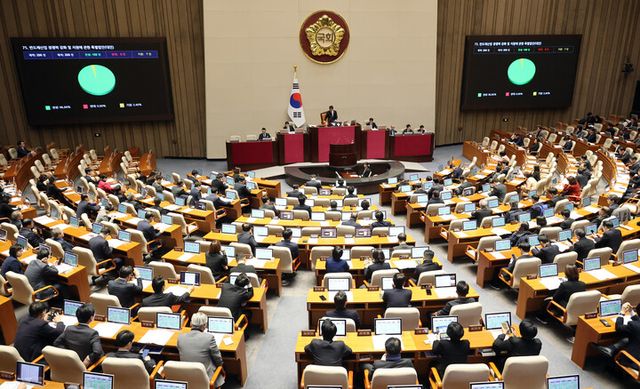 29일 국회에서 열린 제431회 국회(임시회) 제2차 본회의에서 반도체산업 경쟁력 강화 및 지원에 관한 특별법안이 가결되고 있다.[사진=연합뉴스]