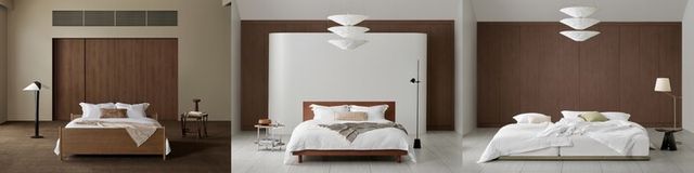 사진 왼쪽부터 20세기 유럽 모던 가구 디자인을 재해석한 ‘르벨르(Levelle)’, 미드 센추리 감성의 간결한 조형미가 돋보이는 ‘테피(Tepi)’, 젠(Zen) 스타일의 저상형 프레임 ‘플래토(Flato)’. [사진=시몬스]