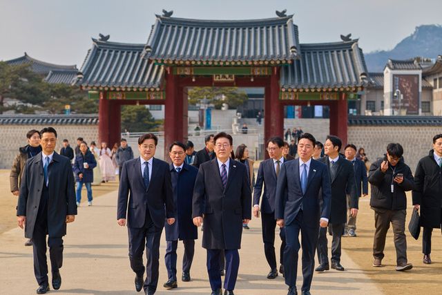 &nbsp;이재명 대통령이 12일 참모진과 함께 경복궁 산책을 하고 있다. [사진=연합뉴스]