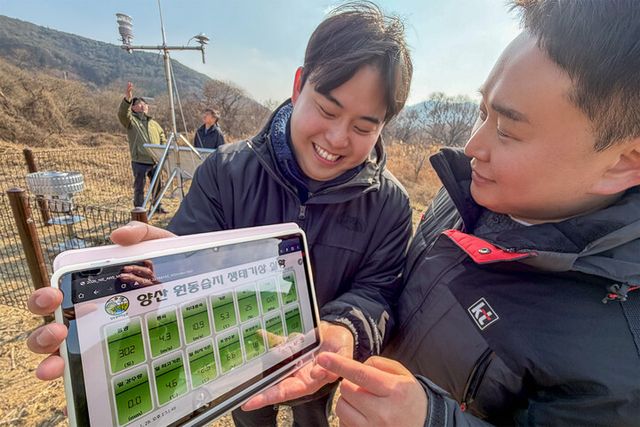 KT와 국립생태원&nbsp;직원들이 원동습지에 자동기상관측장비를 설치하고 측정 상황과 데이터를 태블릿PC로 원격 모니터링하고 있다. [사진=KT]&nbsp;