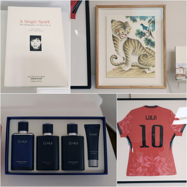 청와대는 23일 한-브라질 정상회담 관련 이재명 대통령이 룰라 대통령이 노동운동가 출신인 점을 고려해 준비한 전태일 열사 평전(윗줄 왼쪽부터 시계방향으로), 무병장수를 상징하는 호작도, 룰라 대통령 이름을 새긴 한국 축구 대표팀 유니폼, 남성용 화장품 등을 선물로 준비했다. [사진=청와대]