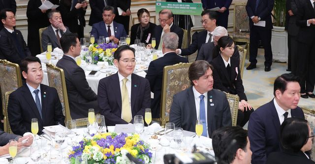 이재용 삼성전자 회장과 최태원 SK 회장이 23일 청와대에서 열린 루이스 이나시우 룰라 다시우바 브라질 대통령 국빈 방한 환영 만찬에서 이재명 대통령 만찬사를 듣고 있다. [사진=연합뉴스]