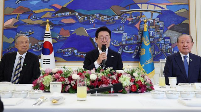 이재명 대통령이 25일 청와대에서 열린 더불어민주당 상임고문단 오찬 간담회에서 발언하고 있다. [사진=연합뉴스]