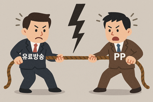 콘텐츠 사용료(프로그램 사용료)를 두고 유료방송사와 방송채널사용사업자(PP) 간 갈등이 되풀이되고 있다. [사진=셍성형 AI 코파일럿]&nbsp;