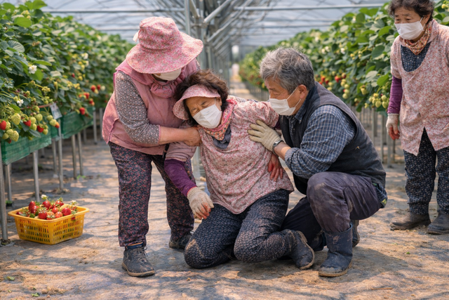 농가에서 일하는 어르신이 요추 척추관 협착증 통증으로 인해 바닥에 주저 앉아 있다. [사진=Chat GPT]