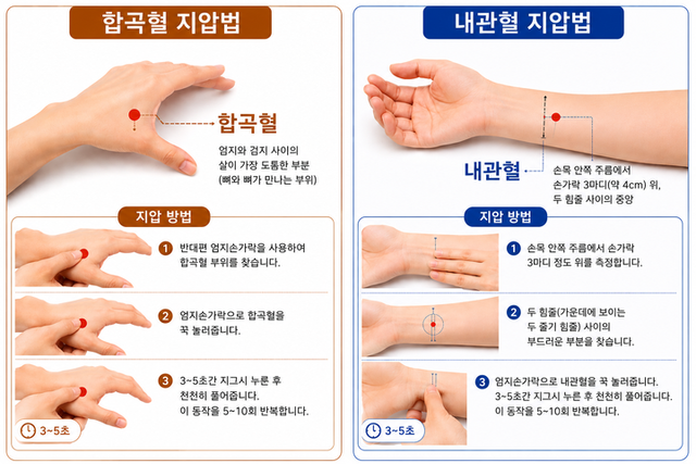‘합곡혈(合谷穴)’과 ‘내관혈(內關穴)’ 지압법. [사진=자생한방병원]