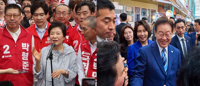 사진 왼쪽은 박근혜 전 대통령이 27일 부산광역시 기장군 기장시장을 방문해 발언하고 있고 사진 오른쪽은&nbsp;이재명 대통령과 김혜경 여사가 27일 부산 남항시장에서 시민들과 인사하고 있다.[사진=연합뉴스]