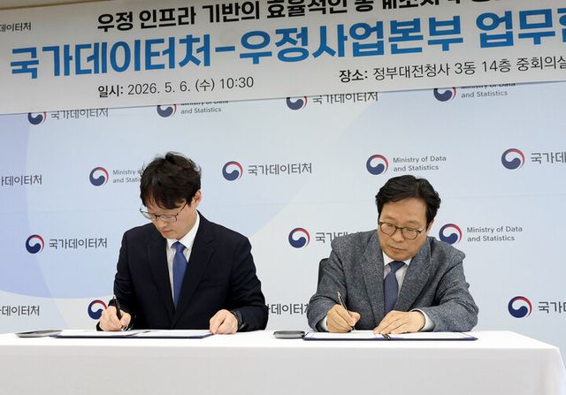 박인환 우정사업본부장(오른쪽)과 이명호 국가데이터처 차장이 6일 정부대전청사에서 효율적인 통계조사 수행을 위한 업무협약을 체결하고 있다. [사진=우정사업본부]
