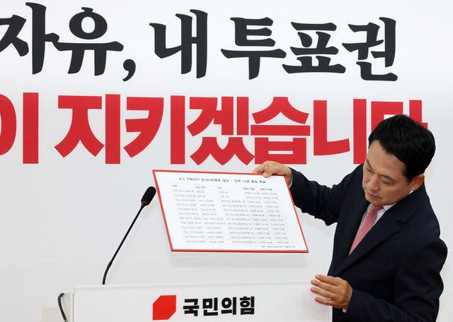 장동혁 국민의힘 대표가 9일 국회에서 투표용지 부족 사태와 득표수 논란 관련 현안 기자회견에 앞서 '관내 사전투표, 전국 12곳 동일 득표'라고 적힌 손팻말을 설치하고 있다.[사진=연합뉴스]