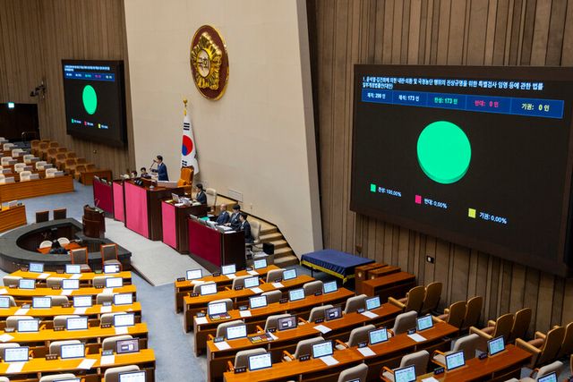 21일 국회에서 열린 7월 임시국회 제1차 본회의에서 전날 상정된 2차 종합특검 연장 법안이 국민의힘이 불참한 채 통과되고 있다. [사진=연합뉴스]