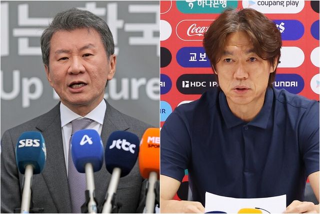 정몽규 전 대한축구협회장(왼쪽)과 홍명보 전 축구대표팀 감독[사진=연합뉴스]