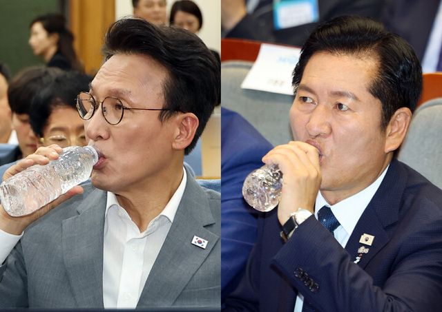 더불어민주당 당권 주자인 김민석 전 총리(왼쪽)와 정청래 전 대표. 김민석 전 국무총리가 7일 국회 의원회관에서 주최한 '3대 메가프로젝트와 지방주도성장을 위한 토론회'에서 물을 마시며 목을 축이고 있다. 정청래 전 대표가 7일 서울 마포구 마포구청에서 열린 유동균 구청장 취임식에 참석해 물을 마시며 목을 축이고 있다.[사진=연합뉴스]